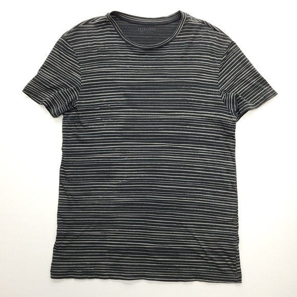 AllSaints T-Shirt Men S Black Gray Striped 100% Cotton Short‎ Sleeve Crew Neck - Picture 1 of 7